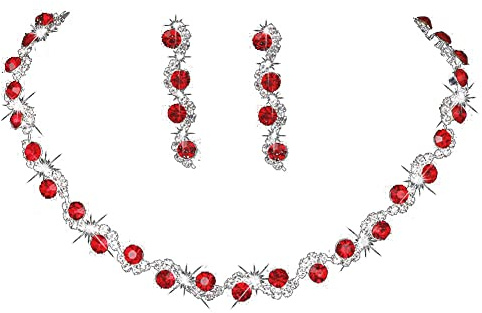 Wedity Hochzeit Kristall Halskette Ohrringe Set Braut Choker Halsketten Hochzeitsschmuck für Frauen und Mädchen (Rot)