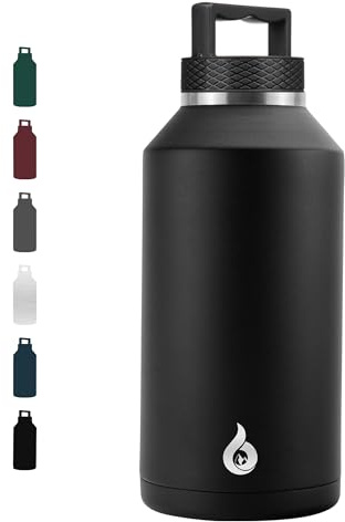 BJPKPK Half Gallon Water Bottle Insulated, Dishwasher Safe 64 oz Water Bottle with Handle, Leakproof BPA Free Thermal Flasks, Large Stainless Steel Jug for Sports, Black