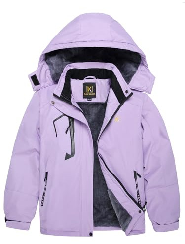 Keevoom Vattentät skidjacka i fleece, snörock, vindtät, varm, vinter, snowboardjacka med avtagbar huva, Lila, 6-7