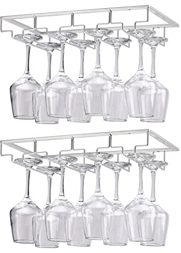 YunNasi 2 Piezas 4 Filas Soportes para Copas de Vino de Metal Organizador Mantener los Vasos Secos Debajo del Gabinete con Tornillos para Bar Restaurante Cocina, Plata