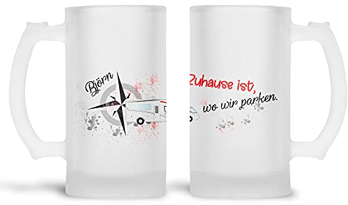 DRUC KLAUS Personalisierter Bierkrug aus satiniertem Glas für individuelle Wohnmobil Camper – Bierkrug Wohnmobil – 470 ml
