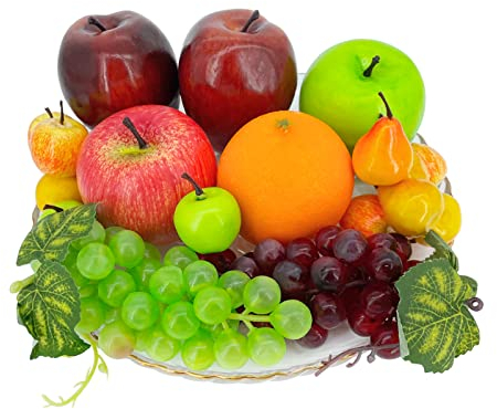 Tenorbass Fake Fruits, 22 Pcs Artificial Fruits for Decoration, Simulation Fruit Assorted Display Fruits Set for Dining Table Decor Home Kitchen, Fake Red Apples Green Apple Oranges Grapes