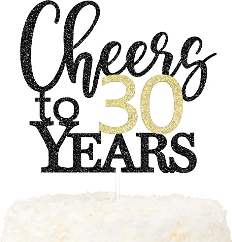 LOVENJOY Cheers to 30 Years Cake Toppers for Happy 30th Birthday Anniversary Cake Decorations, Dual-Side Glitter Black and Gold