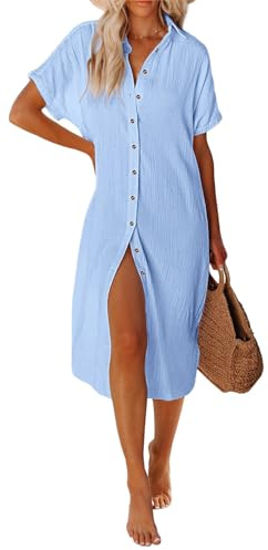 UMIPUBO Vestido Playa Mujer Camisolas y Pareos Largo Traje de Baño Bikini Cover Up Falda de Playa de Botones Verano Vestido de Bikini(Azul,XL)