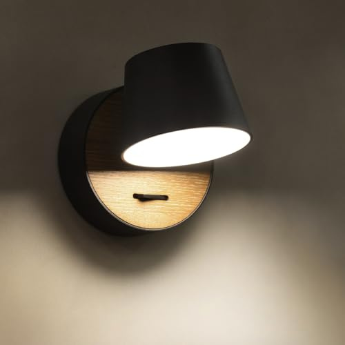 ouglres Wandleuchte mit Schalter Schwarz,Wandleuchte 360°Drehbare 5w Led Wandlampe,Modern Designer Wandlampe Innen Holz,Bettlampe Schlafzimmer,Flur Wohnzimmer,1pack,3000K