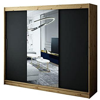 MINIO go for it - LETO Kleiderschrank mit Spiegel, 250 cm Breite, 2 Stangen und Einlegeböden, Garderobenschrank aus Laminierter Platte, Garderobe Schlafzimmer, Farbe Artisan Eiche und Schwarz Matt