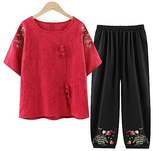 QPZK Femmes Tang Costume Hanfu Vêtements Traditionnels Chinois, Adulte Vieux Tai Chi Uniforme pour Femmes Arts Martiaux Kung Fu Vêtements Manteau à Manches Courtes et Pantalon Rouge-5XL