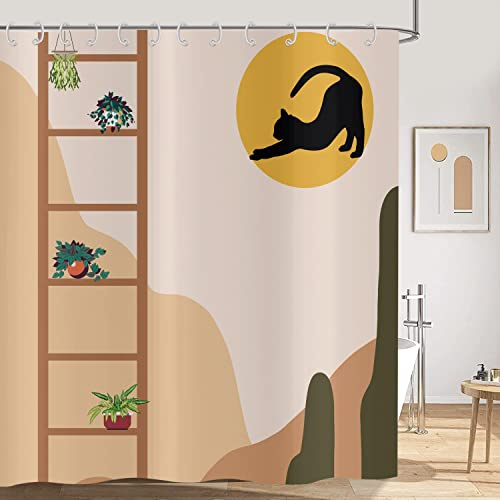 Hnmdmyi Cortina de Baño Boho 200x180, Abstracta Siglo Medio Gato Negro Sol Suculenta Planta en Maceta Moderna Minimalista Geométrica Estética Arte Tela Impermeable