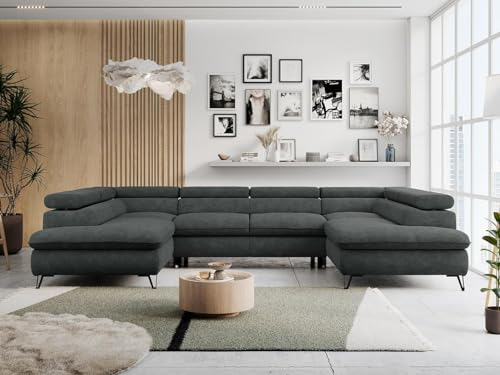 MKS MEBLE Sofa U-Form Grau, Wohnlandschaft U-Form, Sofa mit Schlaffunktion und Bettkasten, Schlafsofa mit Bettkasten, Couch mit Verstellbare Kopfstützen - Peter U - Dunkelgrau Struktur