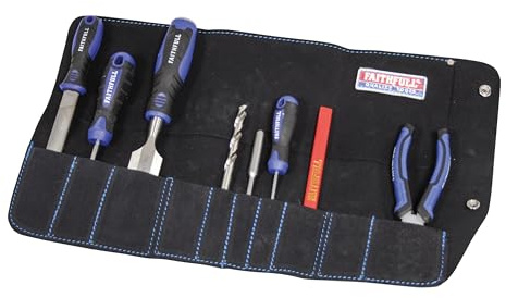 Faithfull Suede Leather Tool Roll – 10 Pocket, Hand Tool Organiser with Press Stud Fastening for Carpenters, Woodworkers, Mechanics & DIY – 48 x 27cm – Black