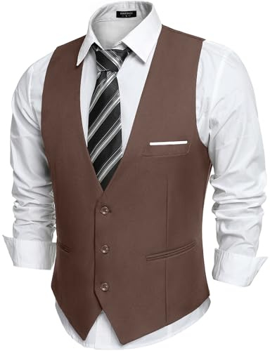 COOFANDY Gilet da Abito da Uomo Formale Scollo a V Gilet da Uomo Panciotto Matrimonio Slim Fit Gilet da Abito Panciotto Casual Con Tasche Marrone XL