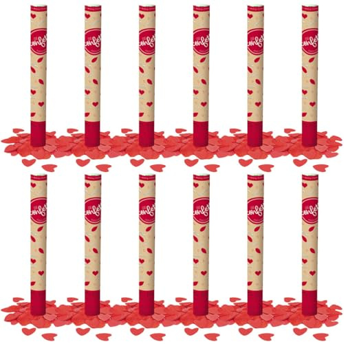 OH YEAH 12 Stück - Konfettikanone mit rotem Herz, 50 cm, mehrfarbig, rot, Hochzeit, Party, Events, Partykanone, 50 cm, einfache Verwendung