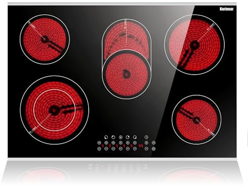 Karinear Piano Cottura Vetroceramica a 5 Piastre da Incasso, Piano Cottura in Ceramica 5 Zone, 77 cm, 5 Piani Cottura, con Controllo a Contatto, Timer, Sicurezza Bambini, 220-240V, 8400 W, Senza Spina