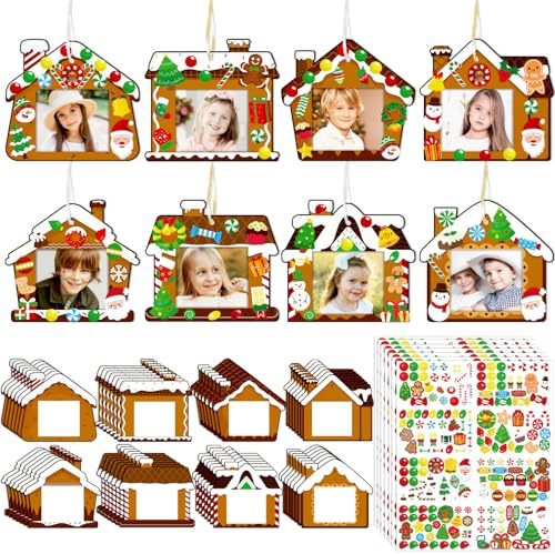 80UncleKimby 56Pcs Christmas Gingerbread House Picture Frame Crafts Kit - DIY Xmas Photo Ornaments Bulk Decorations for Winter Holiday Party Supplies Decor（Assembly Needed）