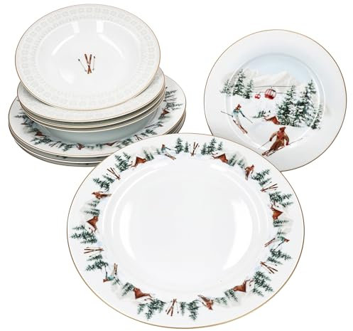 MamboCat Chalet - Set di piatti da 12 pezzi, 4 persone, per cena invernale, con decorazione da sci e alpi, 4 piatti piani, piatti fondi e piatti da torta in porcellana