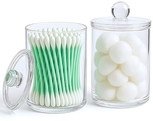 Havenity Acrylic Qtip Holder Bathroom Set, Bathroom Containers with Lids, Clear Plastic Apothecary Jars, Q Tip Holder Bathroom Set, Cotton Swab Holder, Cotton Ball Holder (Pack of 2)