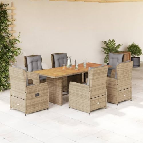 IKAYAA Rattan Essgruppe für 6 Personen,Gartenmöbel Essgruppe mit Tisch Holz und 6 Verstellbare Hochlehner Stühlen, Garten Sitzgruppe inkl. Sitzkissen Beige und Grau