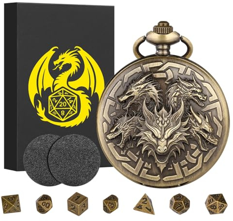 7-teilige Polyedrische Metall D&D Würfel, Mini DND Würfel Set, mit Steampunk Fünf Drachenkopf Taschenuhrgehäuse, DND Geschenke mit Geschenk Box, RPG, MTG, Rollenspiele-Brettspielzubehör Würfel, Bronze