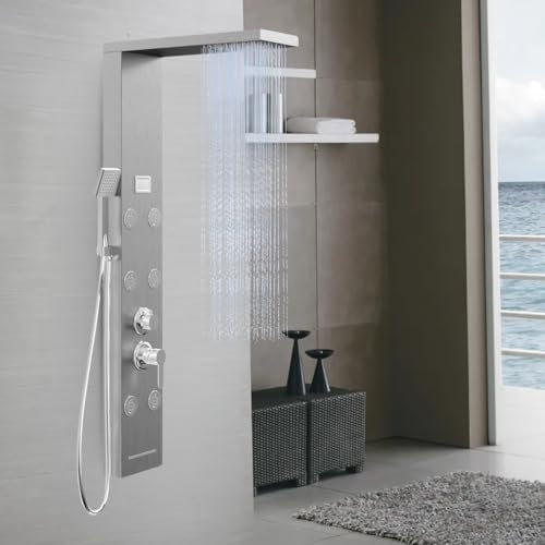 Colonna Doccia York Acciaio 4 Funzioni Display Controllo Temperatura Effetto Pioggia Cascata Sensore di Temepratura (Cromo Spazzolato)