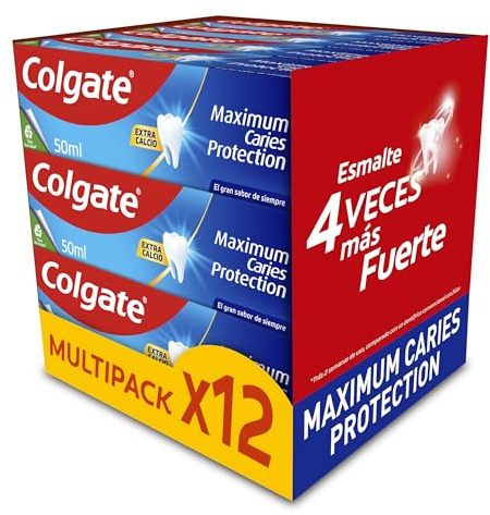 Colgate Pasta de dientes Maximum Caries Protection Pack 12 x 50ml | tecnología superior** anticaries | esmalte 4 veces más fuerte | pasta de dientes con flúor y arginina | sabor a menta