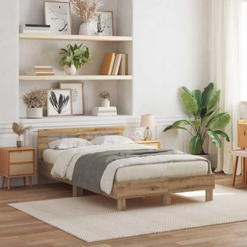 vidaXL Marco de Cama de Madera Sólida de Roble Artesanal con Iluminación LED Multicolor Se Ajusta a Colchones de 120 X 200 cm Decoración del Dormitorio Diseño Artesanal Duradero Idea