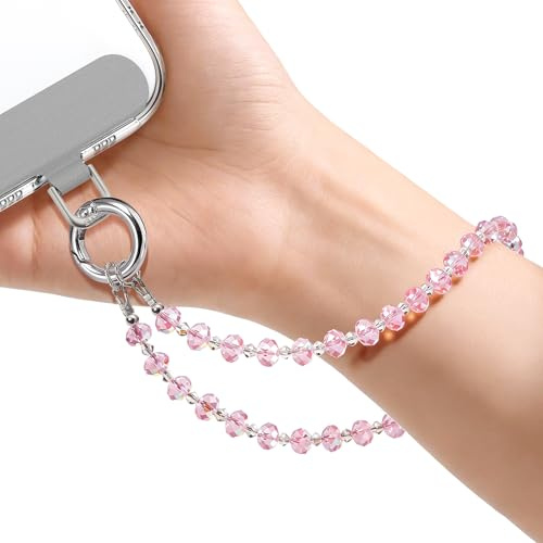 SURPHY Cadena de Perlas Corta para móvil, Colgante Universal para Teléfono, con Perlas de Cristal, Llavero，Cadena Multifuncional Compatible con la Mayoría Fundas,Cristales Rosa