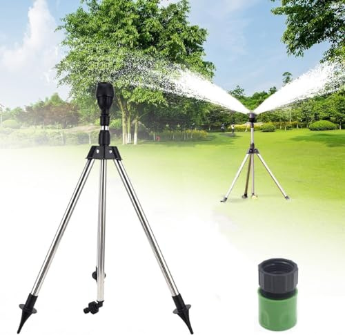 Rotating Tripod Sprinkler, Rasensprenger mit Stativ, Edelstahl Rotary Bewässerung Stativ Teleskop Unterstützung Sprinkler, für Große Flächen, Hof, Garten (2)
