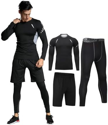 3 PCS Men's Compression Set - Workout Long Sleeve Top & Pants with running Shorts | Moisture-Wicking Gym Bundle (Grey/Black/Grey, XL)