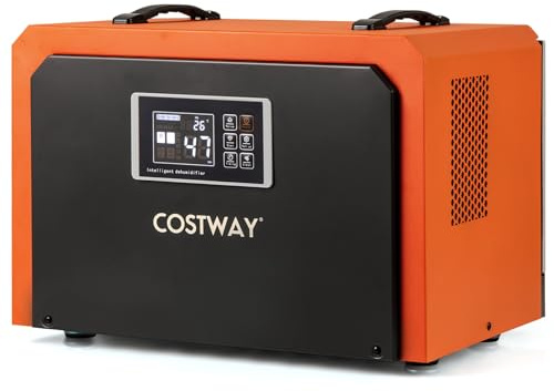 GOPLUS Deshumidificateur d Air Industriel avec Tuyau de Vidange et Écran Intelligent, Filtre Amovible, Déshumidificateur Electrique Portable Efficace, Portable pour Usine, Entrepôt, Sous-sol, Orange