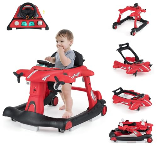 LIFEZEAL Girello per Neonati e Bambini 6-18 Mesi, Primi Passi, Baby Walker, con Scatola Musicale, Vassoio per Mangiare, Ruote Silenziose, Altezza, Velocità Regolabili, Pieghevole, Trasformabile, Rosso