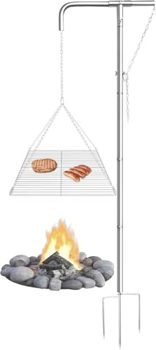 Tripod Campfire Grill with Adjustable Hanging Grate, 360° Rotating Fire Pit Cooking Stand, Heavy Duty Steel Outdoor Grill for Camping Backyard Use