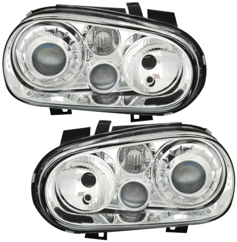 Scheinwerfer Set Klarglas Chrom für VW Golf 4 1J mit NSW (10/1997 - 5/2006) | Halogen, Aftermarket, Ersatzteil, Tuning, H7, H3, Nebelscheinwerfer, links, rechts, Echtglas, vorbereitet für LWR,