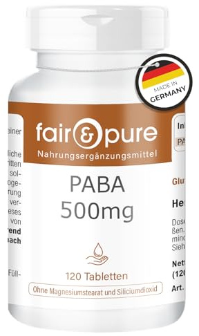 Fair & Pure PABA 500mg Tagesdosis, 120 Tabletten, Para-Aminobenzoesäure, Vitamin B10, veganes Nahrungsergänzungsmittel ohne Zusätze, in Deutschland hergestellt