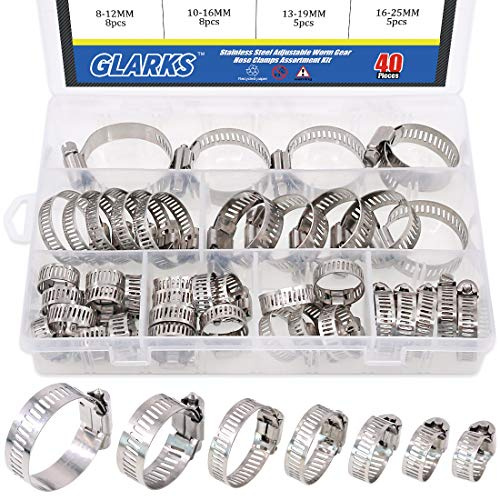 Schlauchklemmen-Set, 40 Stück, 304 Edelstahl, verstellbar, 8-38 mm Reichweite, Schneckengetriebe, Schlauchschellen Sortimentskit, Sanitär, Auto und mechanische Anwendung
