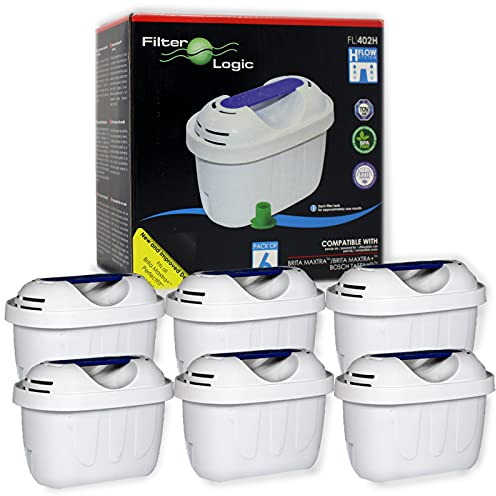 FilterLogic FL402H | 6 Pack - Jug Water Filter Compatible with Brita Maxtra+ Plus Cartridge for Jugs Fill&Enjoy Marella Flow Style Elemaris Fun - BWT Penguin - Tassimo