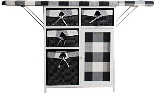DLT Folding Bügelbrett Zentrum mit 4 Rattan Schublade und Schrank, bewegliche Bügelstation Bügelbrett, Holz- und Stahlrahmen, weiß und schwarz Karierte