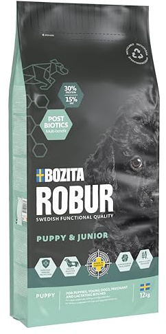 Bozita ROBUR Puppy & Junior kyckling 12 kg – valpfoder torrfoder med hög acceptans, postbiotika utan vete för små till medelstora raser