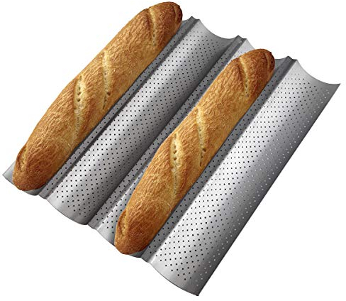 Tobepico Perforierte Baguette-Backform, antihaftbeschichtet, für französisches Brot, 4 Rinne, Ofen, Toaster, 4 Schlitze, Brotbackform, Toast, Kochen, Backen, Wellen, silberfarbenes Stahlblech