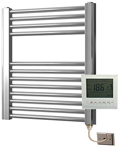 Greenedhouse Electric 600 Wide x 600 high Flat Chrome Towel Rail with 7 Day Programmer/Room Thermostat