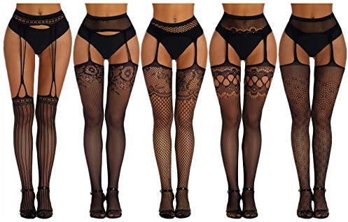 Bommi Fairy 5 par elastiska nätstrumpbyxor för kvinnor med hög midja sexiga strumpeband svarta strumpor med spetsmönster strumpebandshållare, Svart-5-pack b, one size stor