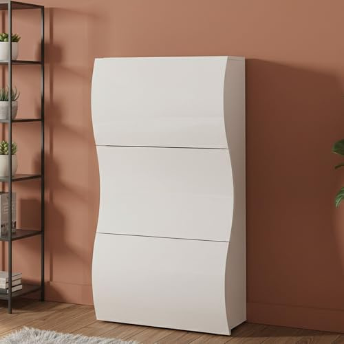 Dmora - Étagère à chaussures Leonardo, Armoire polyvalente avec 3 portes, Étagère à chaussures d'entrée, 100% Made in Italy, 71x27h122 cm, Blanc brillant