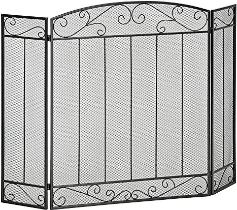 HOMCOM Parascintille Caminetto con 3 Pannelli Pieghevoli in Metallo e Acciaio Nero 105x1.6x80.5cm