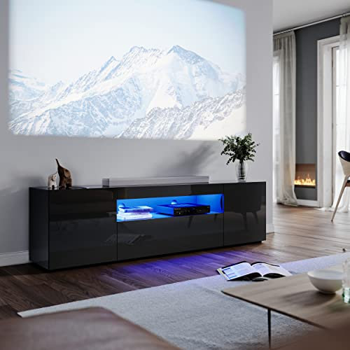 ELEGANT LED TV Unit 180cm High Gloss Modern TV Stand Cabinet with Ambient Lights for 50 52 55 60 65 75 inch 4k TV Living Room and Bedroom Furniture with Storage, Black