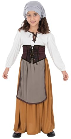 Funidelia Costume da contadinella medievale per bambina, Gonna, grembiule, camicia, corpetto e fazzoletto per la testa, Età Media - Tenuta per bambini per feste