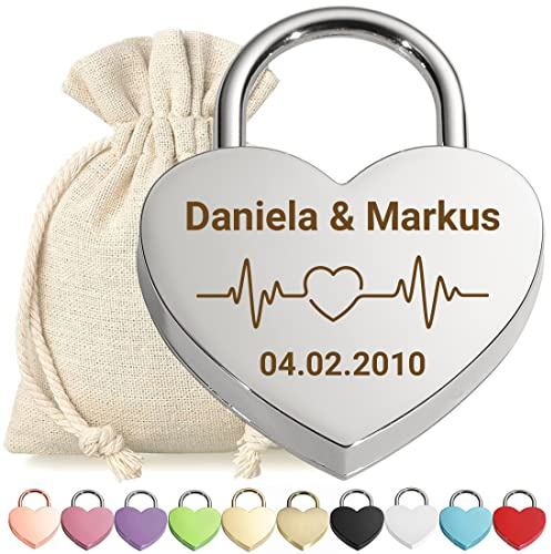 Herz Liebes-Schloss Bügelschloss Vorhängeschloss Graviert Silber - Motiv Herzfrequenz - personalisiert - weißer Stoffbeutel - Geschenkidee Valentinstag - Paar-Geschenk present - jetzt gestalten