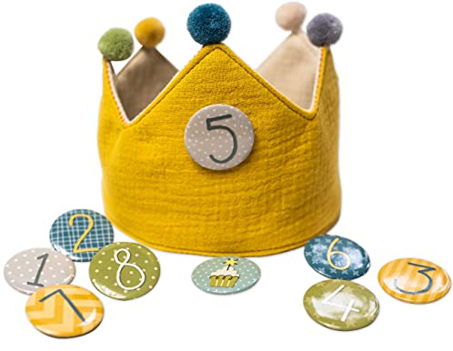 Papierdrachen Corona di compleanno in mussola con numeri – giallo – per il compleanno dei bambini – corona in mussola con bottoni numeri da 1 a 8 | cappello decorativo per feste per ragazzi e ragazze