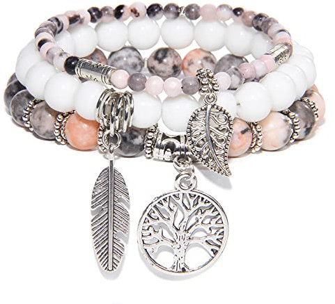 3Pcs / Naturstein Perlen Armband Set Blätter Baum Des Lebens Feder Charm Armbänder Für Frauen Männer Freundschaft Armband Schmuck,Rosa Zebra-Stein,19cm