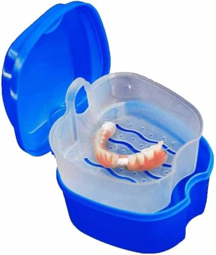 BANSHAN Kit de dentier 1 pièce, boîte de retenue orthodontique, récipient de rangement pour prothèses dentaires, boîte de nettoyage avec filtre, portable, facile à transporter (bleu foncé)