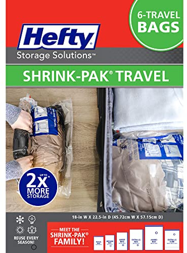 Hefty Shrink-Pak Large Travel Bags - Airtight Storage Bags for Maximum Space Saving, Travel Essentials, Ideal for Packing, Durable, Reliable Compression with Sealed Protection