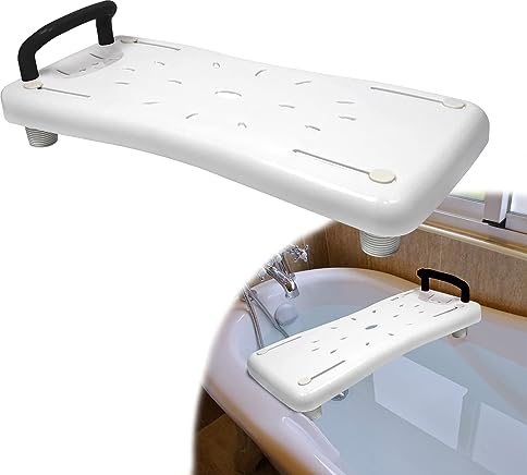 TRMLBE Badewannensitz Senioren Badewannenbrett Kunststoff Weiß mit Seifenablage und Schwarz Griff Badebretter Sitzbrett Wannensitz 70cm lang für Badezimmer Badewanne, Tragkraft 150kg